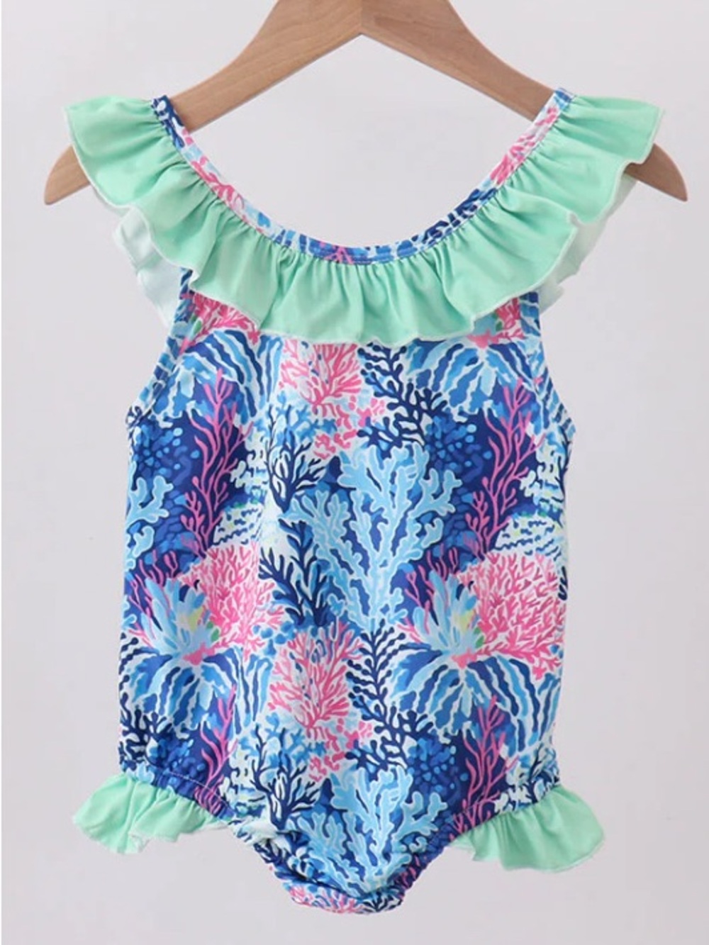 NEW - Abby & Evie - Girls' Coral Print Ruffle One-Piece Swimsuit - Size 4